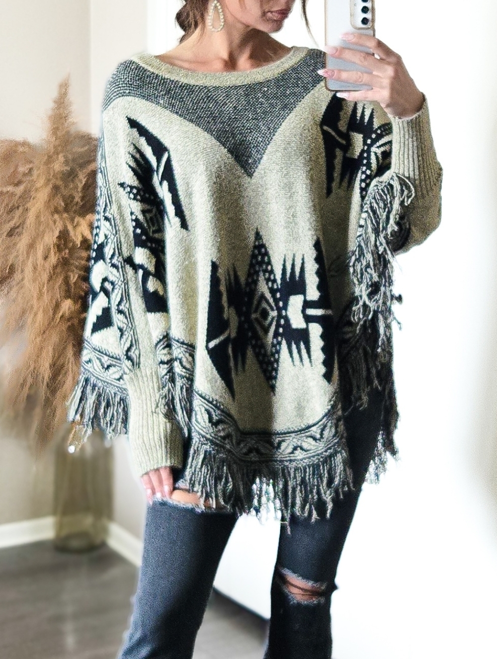 Western Aztec Fringe Poncho Sweater Boho Oversized Knit One Size Festival Spring